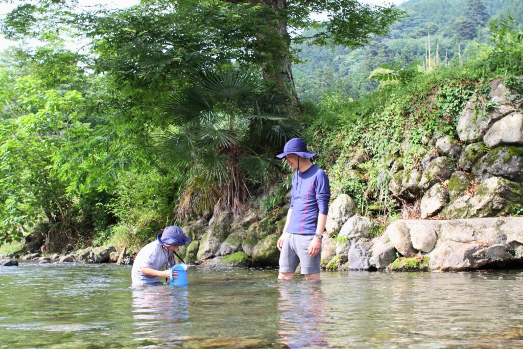 浅瀬で保護者と一緒に川遊びをする子ども