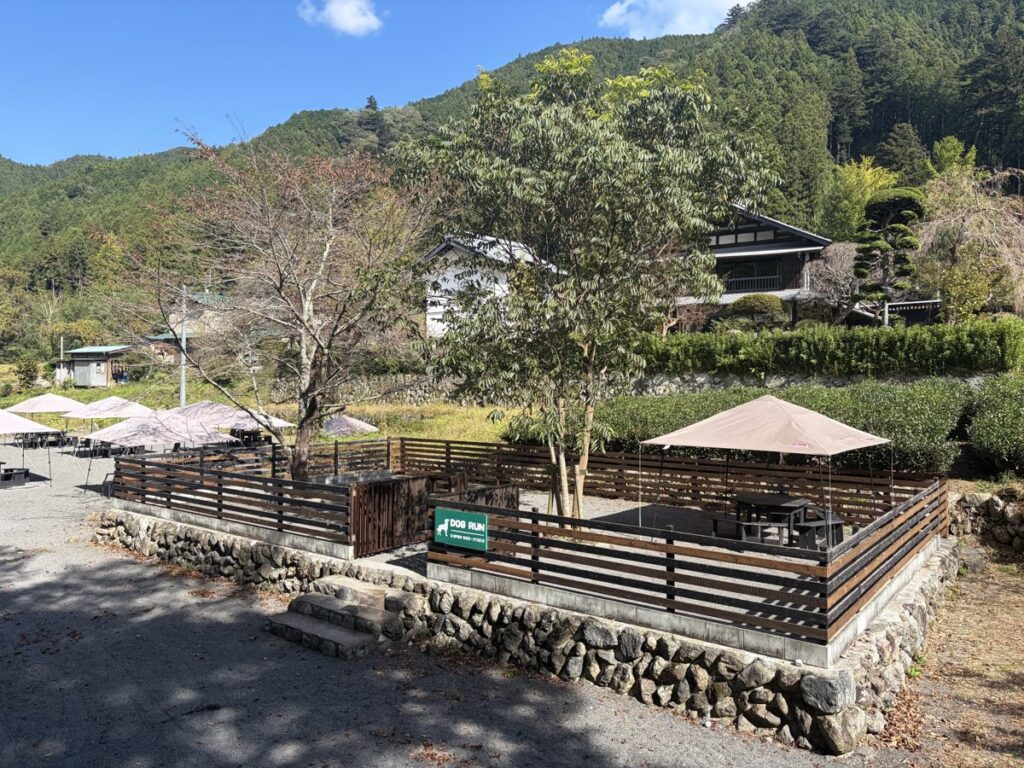 ケニーズ・ファミリー・ビレッジのドッグラン全景。石垣の上に木の柵で囲まれたドッグランがあり、奥に名栗の山並みが見える