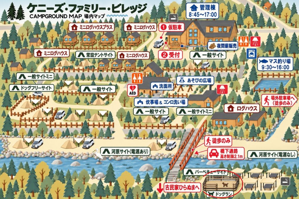 ケニーズ・ファミリー・ビレッジの場内マップ。ドッグランは名栗川の橋を渡った先、バーベキューサイトの横